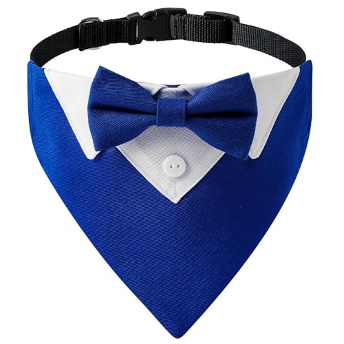 Bnibol Tuxedo Dog Collar for Wedding Engagement and Birthday, Formal Dog Bandana Collar Costume with Bow Tie and Adjustable Buckle,Suitable for Small Medium Large Dog. (Blue, M)