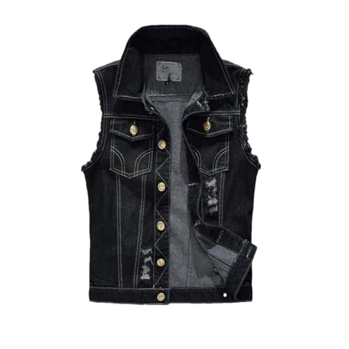 Chalecos de mezclilla para hombre, acanalados, sin mangas, chalecos de algodón, chaleco sin mangas, chalecos de remache West Cowboy Hip Hop, Negro, XL