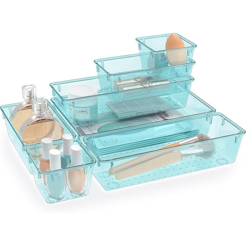 StorMiracle 7 PCS Clear Plastic Drawer Organizers Set, 4 Size Desk Drawer Organizer Trays for Makeup, Jewelry, Kitchen Utensils, Gadgets and Office Accessories, Sea Blue