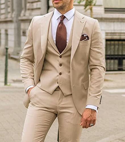Men Beige Tan 3-Pieces Notch Lapel Prom Party Tuxedo Groomsman Wedding Suit Slim Fit Jacket Pants Vest4
