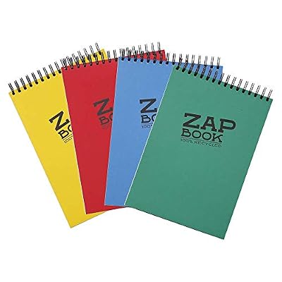 Clairefontaine 8356C - Un carnet à spirale en-tête Zap book 160 pages 100 % recyclées unies blanches 14,8x21 cm 80g, couverture couleurs assorties