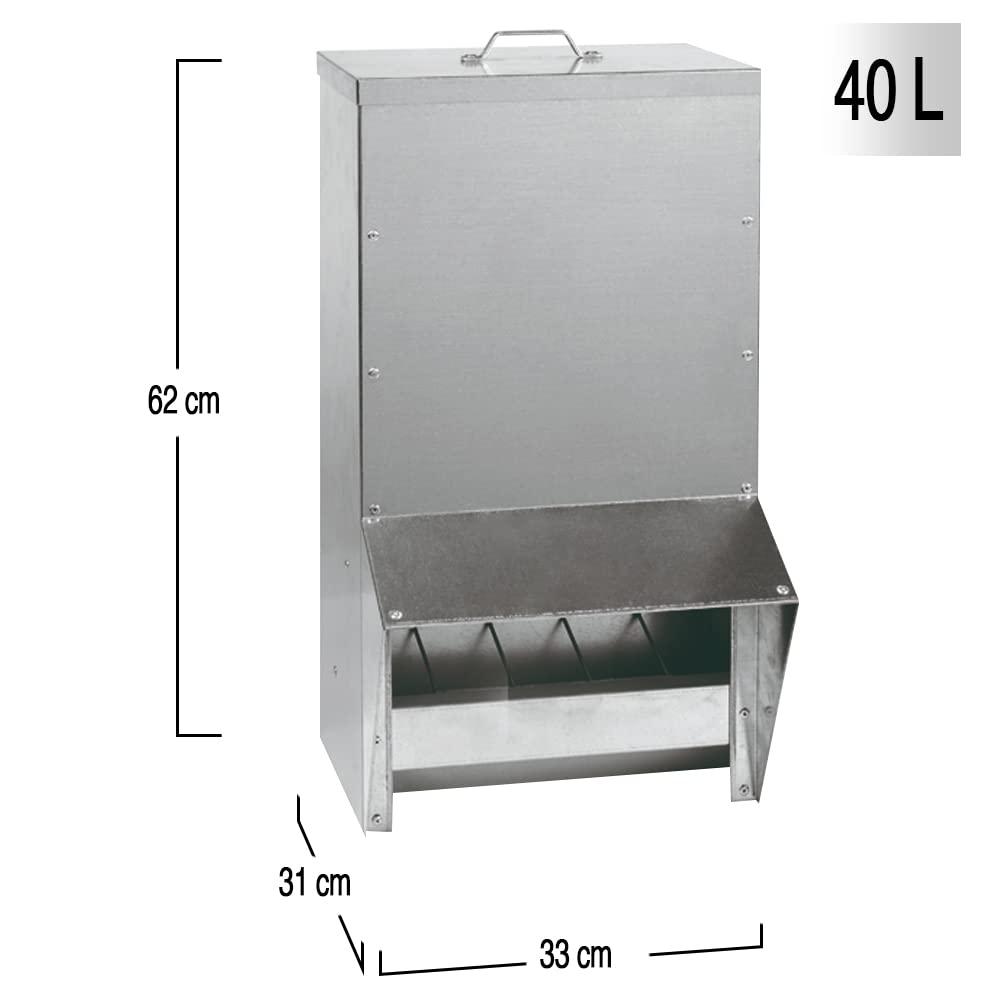 FINCA CASAREJO Tolva Exterior Galvanizada 23kg (40L) - Comedero de Gallinas Inoxidable - Toldo Antilluvia - Incluye: Guía Alimentación de Aves de Corral y bolsita de 150g Conchilla Plus