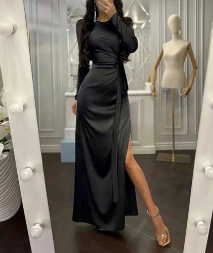 xxxiticat Women's Long Sleeve Satin Dress Formal Cocktail Wedding Guest Elegant Lace Up High Split Ruched Silky Maxi Dress2