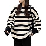 [1/2style] ニブンノイチスタイル セーター ニット ボーダー 柄 カジュアル ラウンド ネック オーバー サイズ クルー あったか レディース (黒,M)