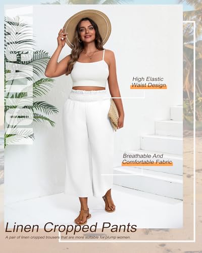 2 Pack Women's Plus Size Linen Pants, Elastic Waist Flowy Cropped Pants Casual Wide Leg Capri Palazzo Trousers2