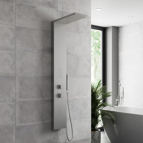 Architeckt® Thermostatic Shower Tower Panel Column, Three Outlet 3-in1 System with Rainfall Head Handset 2 Body Jets Showers Square, Brushed Steel