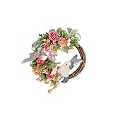 Couronne de Pâques : Couronne de lapins de Pâques, fleurs roses, nœud et lapin, magnifique
