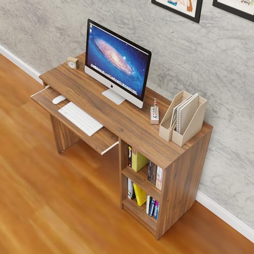 Image of VIKI Engineered Wood Computer Table, Study Table, Desks with 2 Open Storage, Keyboard Tray for Adults /Students, Office Home | ZULUK | Brussel Walnut, 100W x 75H x 40D | 1 Year Warranty