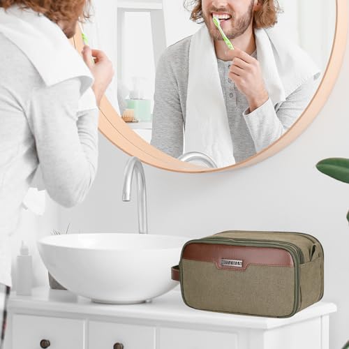 Image of WITZMAN Canvas Toiletry Bag for Men Large Capacity Hanging Dopp kit for Men Leather Toiletries Water-Resistant Bathroom Bag(A8002 Army Green)