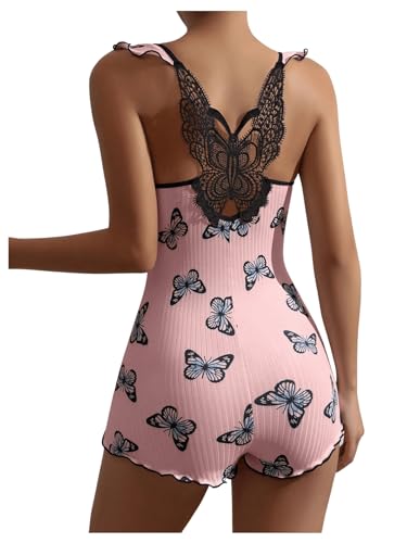 BEAUDRM Women's Butterfly Print Romper Pajamas Ruched Front Lettuce Trim Lace Back Onesie Sleepwear...