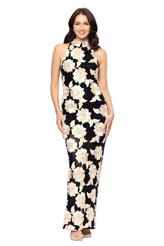 Betsy & Adam Women's Floor Length Floral Soutache, Mock Neck Dress, Black/Champagne, 8P