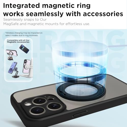 Image of RIGGEAR Shockproof Sleek Hybrid Armor 360 Rotating Magnetic Ring Stand Back Cover Case Compatible with MagSafe Accessories for iPhone 15 Pro (Clear PC + Black TPU Bumper)