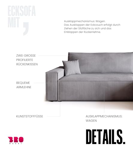 BROMARKT Sofa mit Schlaffunktion Couch L Cordstoff Sofa Bettkasten Schlafsofa für Wohnzimmer Ecksofa freistehend Adi XL Relaxsofa 3 sitzer 272x143x85 cm Hellgrau
