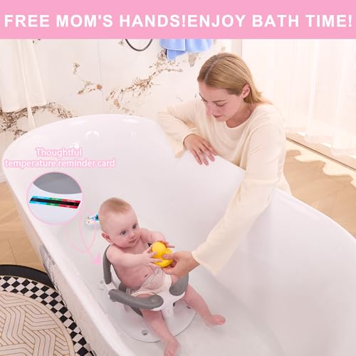 Image of Baby Bath seat for Babies 6 Months & up, 360 Stable Toddler Bath Chair with one-Touch Button, Back Hollow Design, Water Temperature Card & 4 Suction Cups for Safety (Pink)