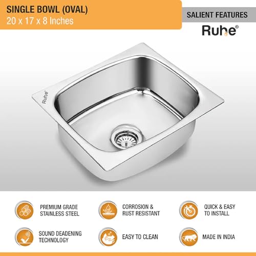 Image of Ruhe Stainless Steel Oval Bowl Kitchen Sink 20x17x8 Inches (Glossy Finish), Bright Silver