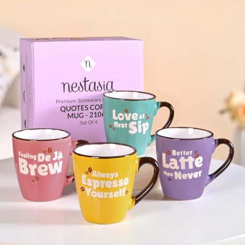 Image of Nestasia Ceramic Coffee Mugs Set of 4 (210ml Each) - Quirky Quotes Tea & Coffee Cups with Glossy Finish | Microwave & Dishwasher Safe Cups - Ideal for Gifting