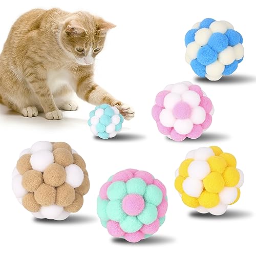 Yasdyri Cat Toys Balls 6 Pieces with Bells 5cm Soft Cat Pom Poms Balls Cats Interactive Ball Toy for Cats Kitten Indoor Outdoor Playing Chewing Scratching