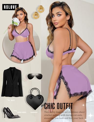Image of RSLOVE Sexy Pajamas for Women Soft Lingerie Set Lace Trim Sleepwear 2 piece Pjs Shorts Set