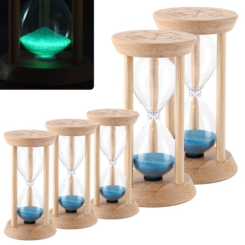 MIVIDE 5 piezas reloj de arena 1/3/5/10/15 minutos, juego de relojes de arena luminosos y estándar, reloj de arena para niños, cocina, oficina, juego de temporización