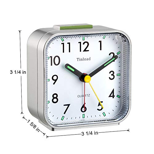 Tinload Small Battery Operated Analog Travel Alarm Clock Silent Non Ticking,Gentle Wake, Ascending Beep Sounds, Snooze,Lighted on Demand,Easy Set (Silver)