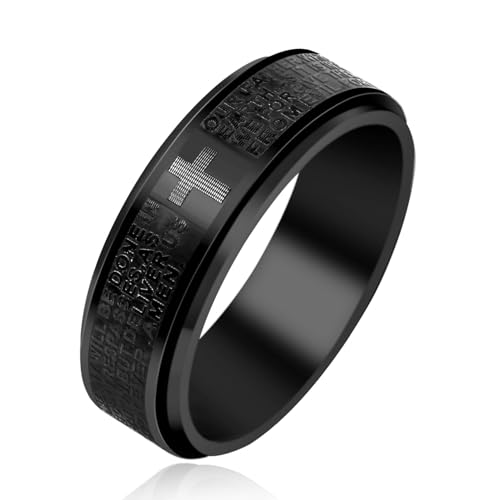Christian Religious Bible Ring Anxiety & Stress Relief Ring Men's Black Ring Titanium Steel Christian Scripture Rotating Ring Cross Ring for Men Husband Dad Bff Friends Size: 7-13