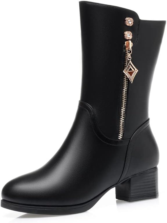 Women's Wool Lined Warm Winter Anti Slip Zip Chunky Heel Fashion Classic Mid-calf Boots Fashion Rhinestones Buckle Decor