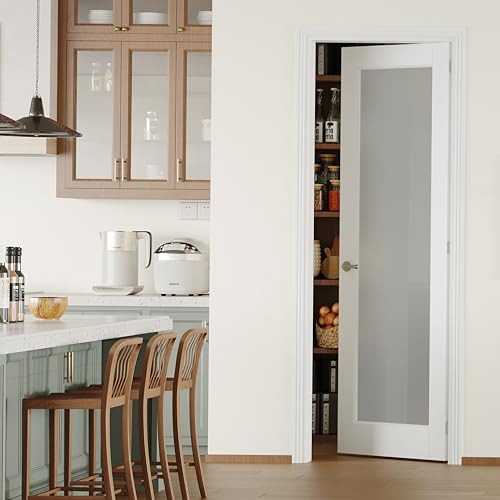 Image of Pantry Door with Prehung Door Jamb, 24 inch x 80 inch, Right-Handed Interior Door, 1-Lite Frosted Glass, White MDF with Hardware Kit