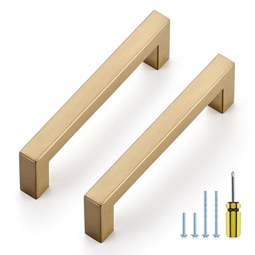 Image of Ravinte 10 Pack Kitchen Champagne Bronze Cabinet Handles 4-1 /2 Inch Hole Center Stainless Steel Square Cabinet Pulls for Dresser Drawer Cupboard Handles with Screwdriver