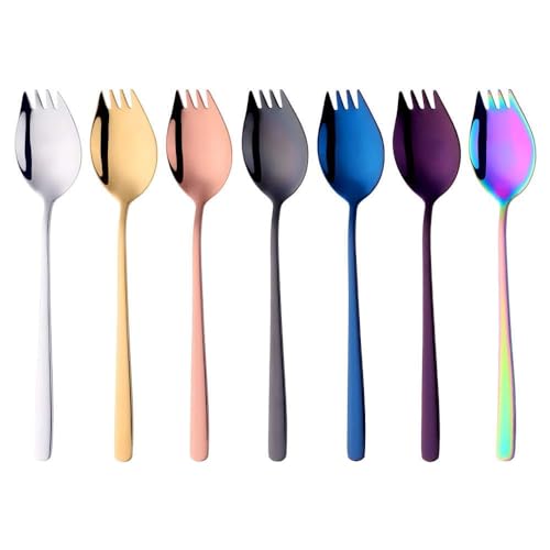 Göffel Edelstahl Sporks Lang 21,5 cm buntes Gabel Löffel 7 Stück Salatgabel 2 in 1 Tafelgabeln Suppenlöffel Langer Stiel to go Camping Outdoor Picknick