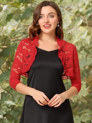 Image of Allegra K Women's Elegant Lace Cardigan Ruffle Collar Crop 3 /4 Sleeve Sheer Bolero Floral Lace Shrug Top