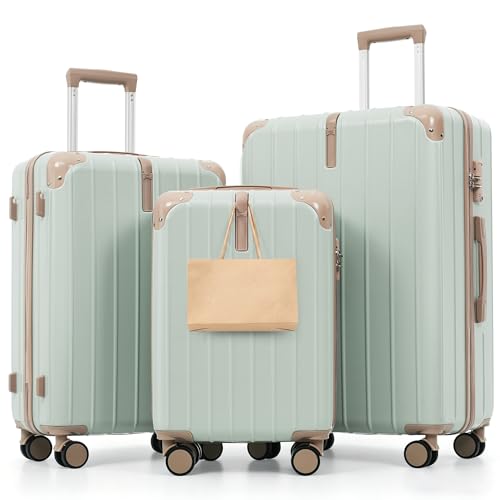 Image of Hardshell Luggage Sets, Lightweight Stripes Suitcases with Spinner Wheels, Green
