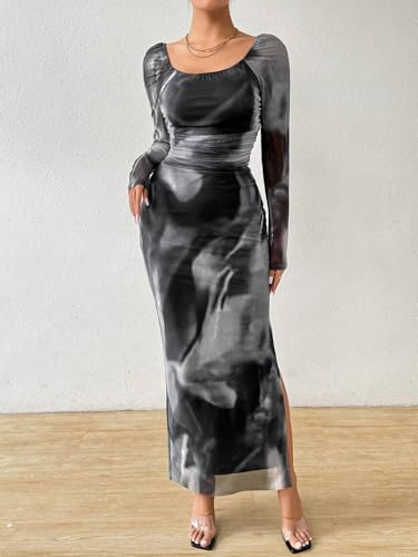 Image of LIGHT DOT Women's Printed Off Shoulder Maxi Dress Long Sleeve Bodycon Ruched Mesh Cocktail Dress