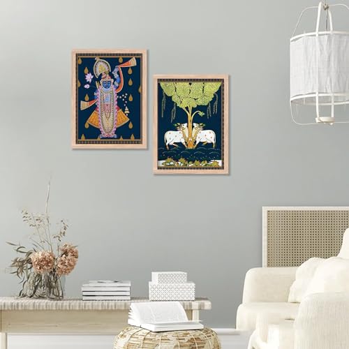Image of kotart Traditional Indian Wall Art Painting Set of 2 | Kamdhenu Cow Design | MDF Wooden Framed Spiritual Wall Decor for Living Room, Pooja Room & Home (Art 5, 25x37 Inch)