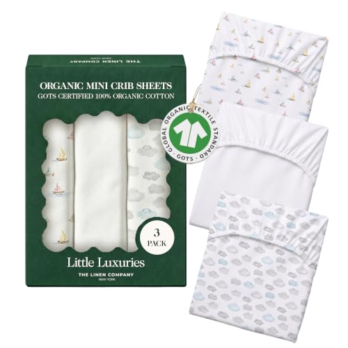 Image of 100% Organic Cotton Mini Crib Sheets (3-Pack) - GOTS Certified, Soft Fitted Sheets for Mini Mattress & Pack n Play, 5 in Deep Pocket with Secure Elastic Fit, Boys & Girls, (27 inch x 39 inch) Watercolors