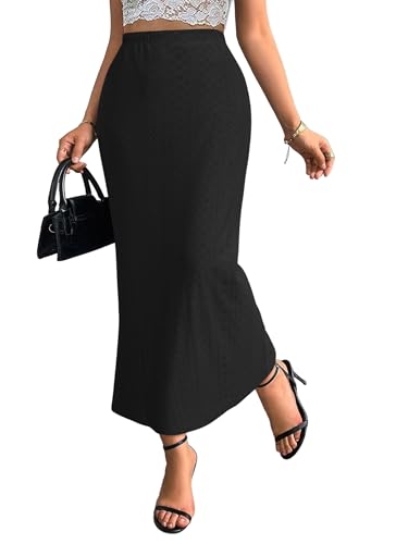 Herou Women Maxi Skirts Eyelet Elastic High Waist Long Skirts Boho Floral Print Mesh Mermaid Skirt for Women with Underneath
