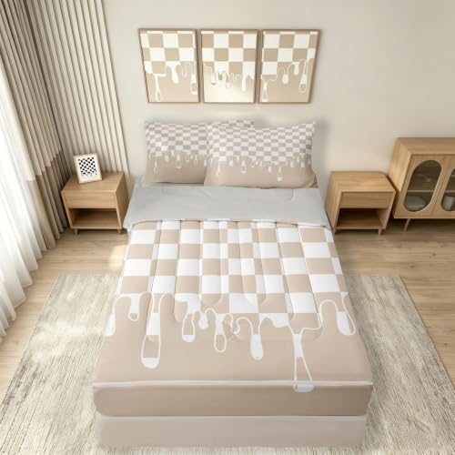 Image of Beige Tan Checkered Zipper Bedding Twin - 4 Piece Zip Up Comforter & Fitted Sheet Set with 2 Pillowcases, Bed in a Bag for Boys & Girls,Checkerboard Drip Grunge Aesthetic Geometric All Season