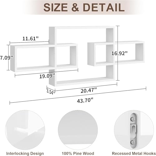 Image of Wooden Wall Shelves for Living Room, Bedroom Wall Mounted Rectangle Bookcase, Intersecting Wall Shelves for Storage Modern Decorative Display Shelves for Wall Decor (White)