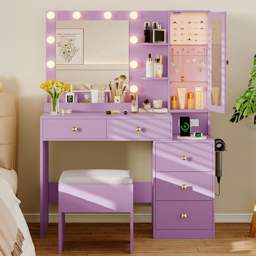 Image of Vanity Desk with Mirror and Lights, Makeup Vanity Table Set with 5 Storage Drawers, Power Outlet & Chair, Small Dressing Table with RGB Ambient Light, Adjustable Brightness for Girls Bedroom, Purple