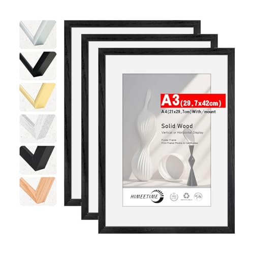 HIMEETIME® 3x Marco de fotos A3 29.7x42cm Negro de Madera marcos cuadros, con soporte de A4 (21x 29.7cm),Para Decoración de Pared y Decoración hogar marco A3