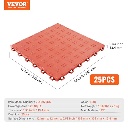 Image of VEVOR Garage Floor Tiles 12 x 12 x 0.53 inch, Interlocking Design Ease of Installation Double-Sided Texture Non-Slip Sturdiness, for Garages, Basements, Repair Shops, Red, 25 Pack