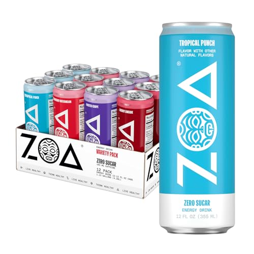 ZOA Zero Sugar Energy Drinks with Electrolytes, Vitamin C, Amino Acids, B-Vitamins, Made with Green Tea Caffeine, Sugar-Free Variety Pack- Four Flavors, 12 Fl Oz Cans (12-Pack)
