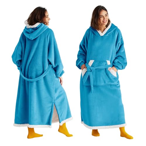 Bedsure Wearable Blanket Hoodie, Long Hooded Blanket Sweatshirt as Christmas Birthday Gifts for Women, Cozy Sherpa Hoodie for Adult, Small, Teal