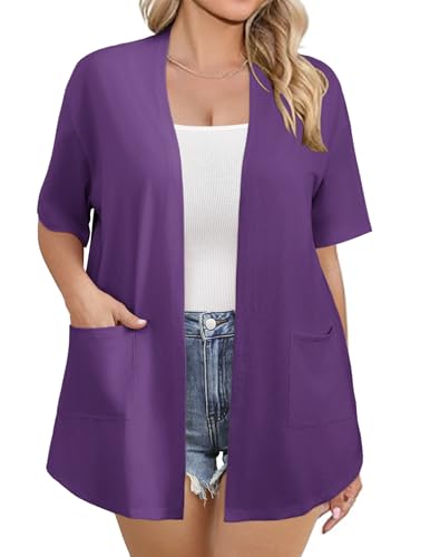 Image of IN'VOLAND Women Plus Size Lightweight Cardigan Short Sleeve Open Front Casual Summer Kimonos Cardigans with Pockets