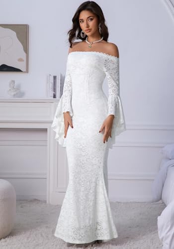 Image of HOYISHION Women's Off The Shoulder Floral Lace Maxi Dress White Bridesmaid Wedding Party Maternity Photoshoot Long Dresses