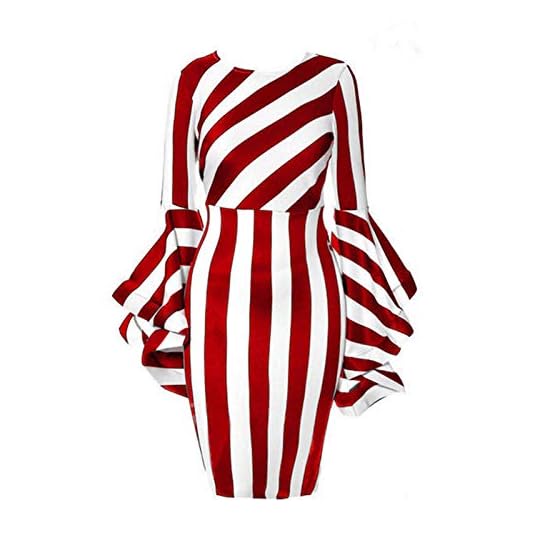 
                            Nuofengkudu Women's Plus Size Costume Elegant Dresses Striped Crew Neck Ruffles Long Sleeve Bodycon Midi Church Dress
                        