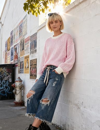 Image of Beyond Chenille Sweater for Women 2026 Winter Crew Neck Pullover Sweater Color Block Knit Tops