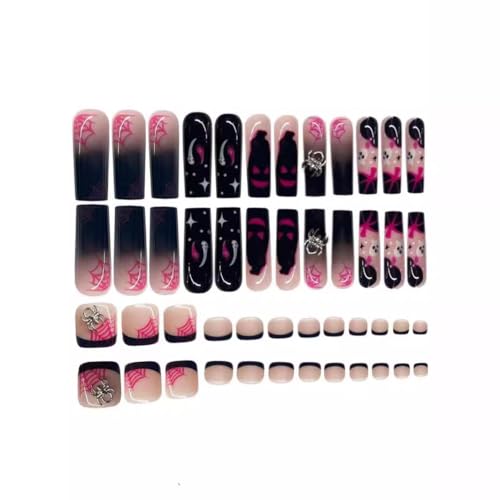Image of Black Press on Nails French Tip Press on Toenails Set Spider Ghost Glue on Nails with Design Halloween Stick on Toe Nails Long Square Fake Nails Glossy Full Cover for Women Manicure 48Pcs