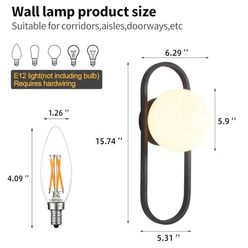 Image of Bektas Wall Sconces, Set of 2, Matte Black, Modern Light Fixture with White Globe Glass Shade, Wall Lighting for Living Room, Bedrooms
