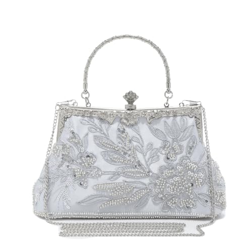 Image of 1920s Clutch Purses for Women, Embroidery Sequin Rhinestone Evening Bag | Top handle and removable shoulder chain, lightweight sequin floral design. Ideal for weddings, galas and formal events