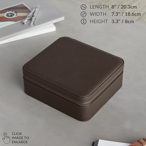 TAWBURY Watch Case - 6 Slot Genuine Top-Grain Leather Watch Box for Men & Women with Extra Wide Pillows for Large Watches - Portable Wristwatch Storage for Home & Travel (Brown)